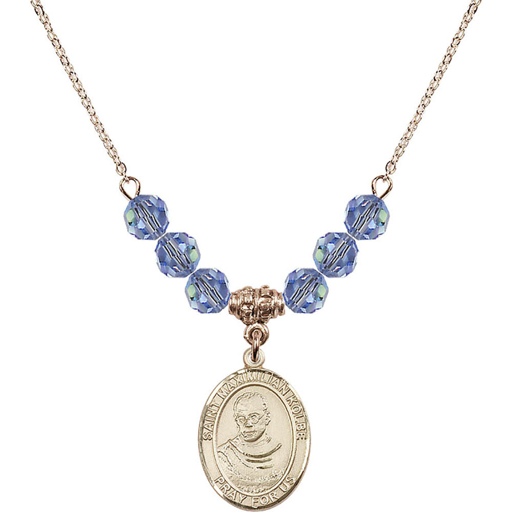 14kt Gold Filled Saint Maximilian Kolbe Birthstone Necklace with Light Sapphire Beads - 8073