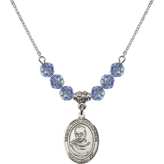 Sterling Silver Saint Maximilian Kolbe Birthstone Necklace with Light Sapphire Beads - 8073