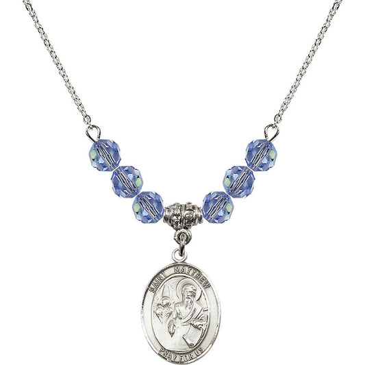 Sterling Silver Saint Matthew the Apostle Birthstone Necklace with Light Sapphire Beads - 8074