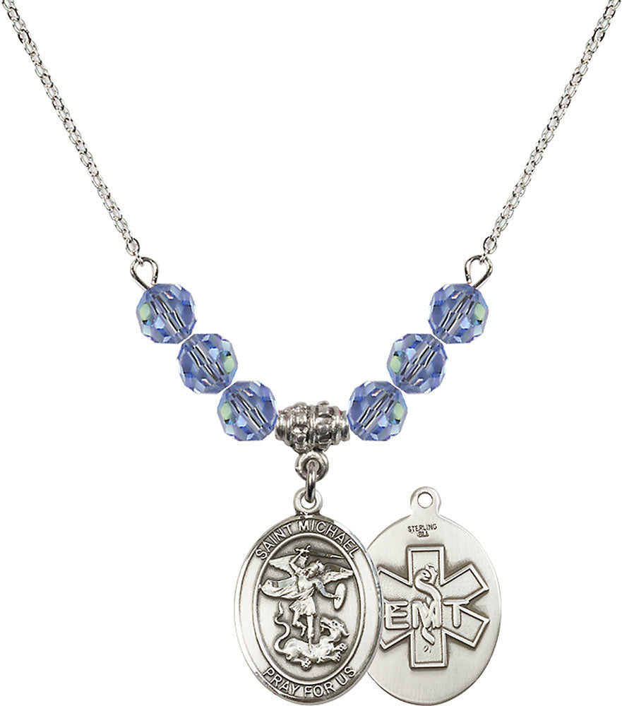 Sterling Silver Saint Michael / EMT Birthstone Necklace with Light Sapphire Beads - 8076