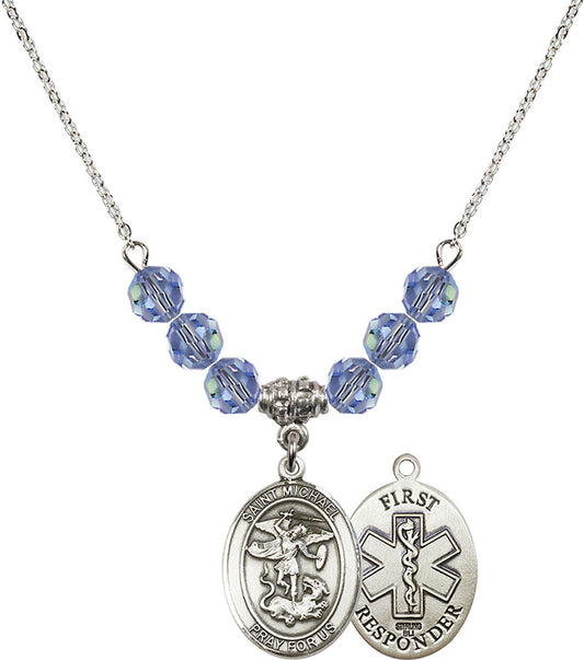 Sterling Silver Saint Michael/1St Responder Birthstone Necklace with Light Sapphire Beads - 8076