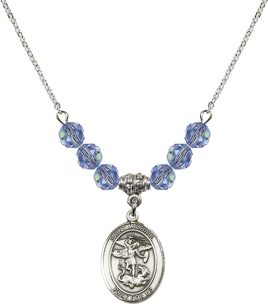 Sterling Silver Saint Michael the Archangel Birthstone Necklace with Light Sapphire Beads - 8076