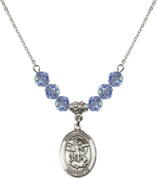 Sterling Silver Saint Michael the Archangel Birthstone Necklace with Light Sapphire Beads - 8076