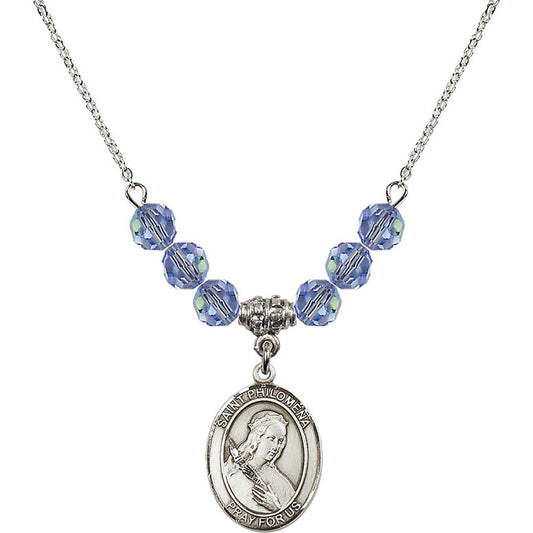 Sterling Silver Saint Philomena Birthstone Necklace with Light Sapphire Beads - 8077