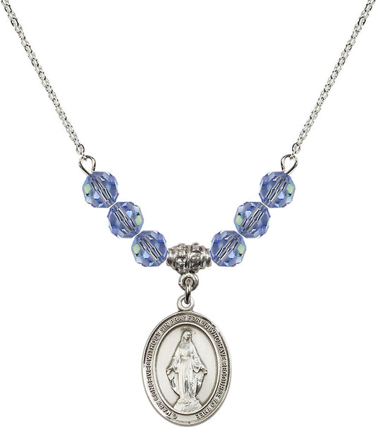Sterling Silver Miraculous Birthstone Necklace with Light Sapphire Beads - 8078