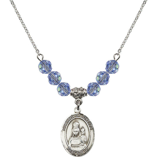 Sterling Silver Our Lady of Loretto Birthstone Necklace with Light Sapphire Beads - 8082