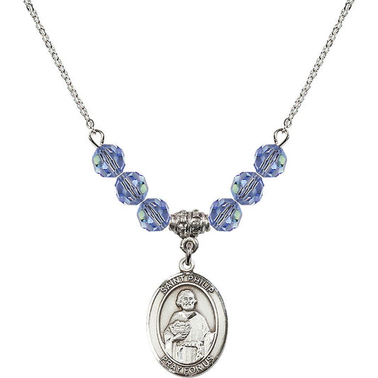 Sterling Silver Saint Philip the Apostle Birthstone Necklace with Light Sapphire Beads - 8083