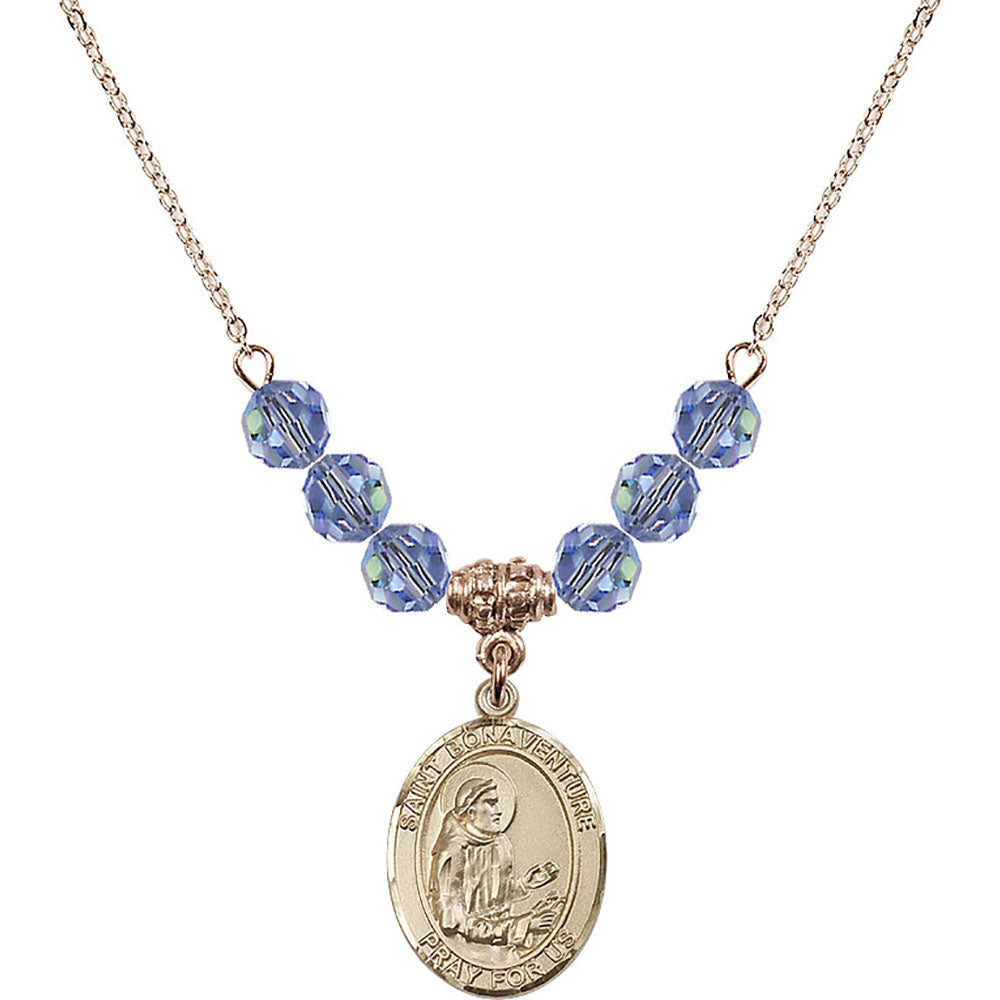 14kt Gold Filled Saint Bonaventure Birthstone Necklace with Light Sapphire Beads - 8085