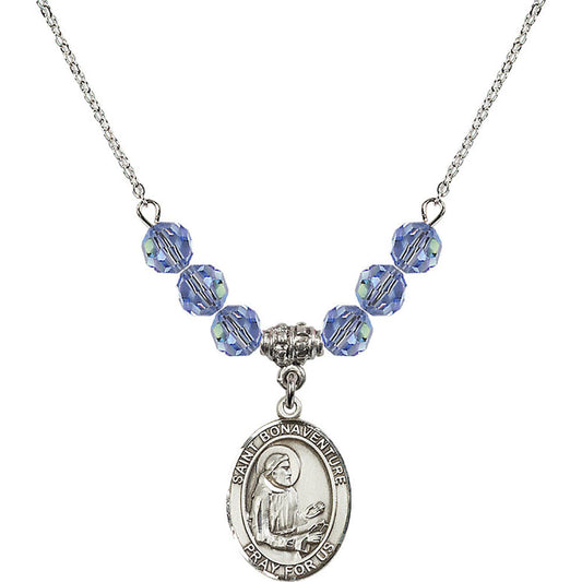 Sterling Silver Saint Bonaventure Birthstone Necklace with Light Sapphire Beads - 8085