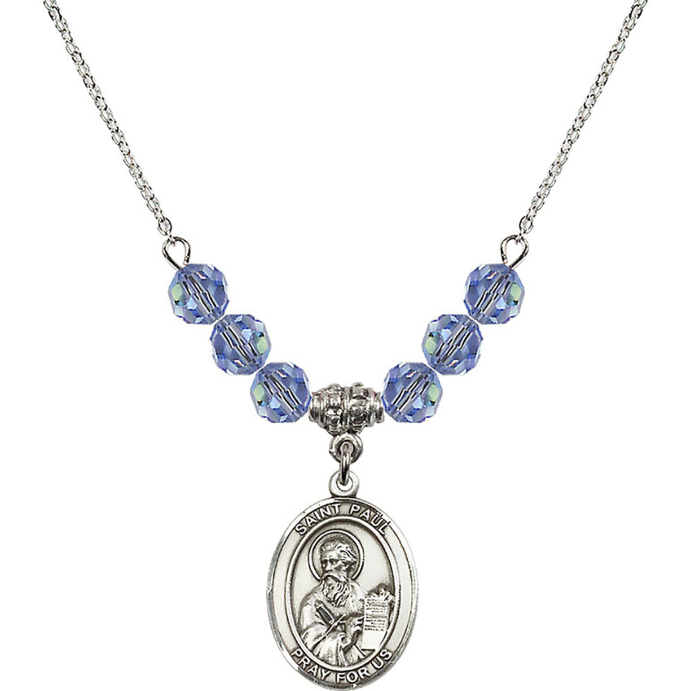 Sterling Silver Saint Paul the Apostle Birthstone Necklace with Light Sapphire Beads - 8086