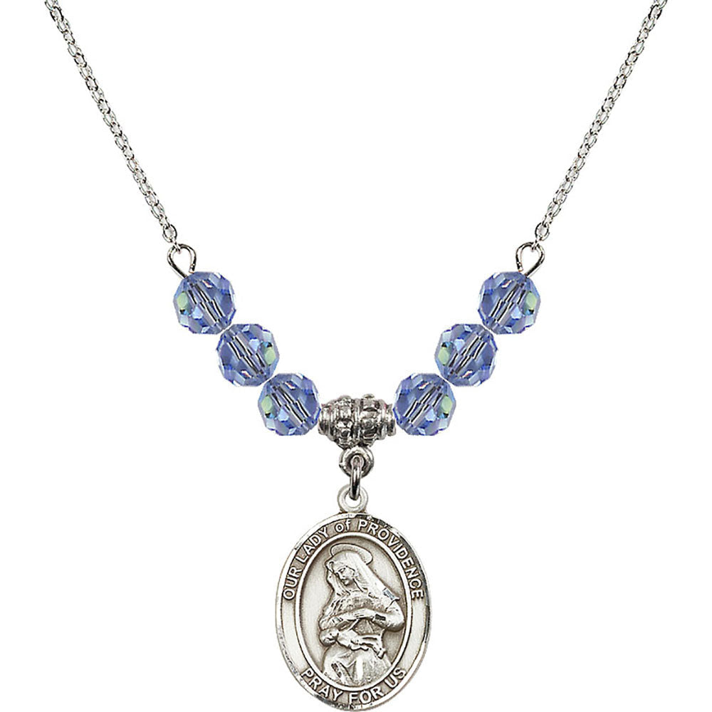 Sterling Silver Our Lady of Providence Birthstone Necklace with Light Sapphire Beads - 8087