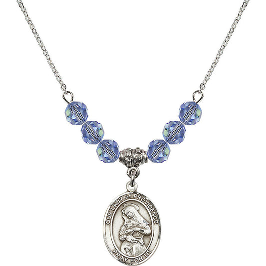 Sterling Silver Our Lady of Providence Birthstone Necklace with Light Sapphire Beads - 8087