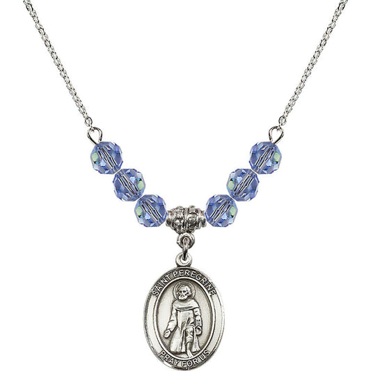 Sterling Silver Saint Peregrine Laziosi Birthstone Necklace with Light Sapphire Beads - 8088