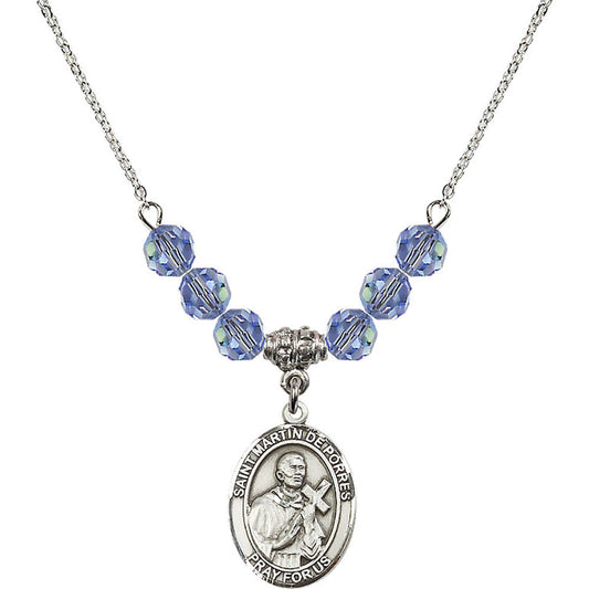 Sterling Silver Saint Martin de Porres Birthstone Necklace with Light Sapphire Beads - 8089