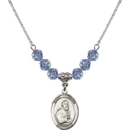 Sterling Silver Saint Peter the Apostle Birthstone Necklace with Light Sapphire Beads - 8090
