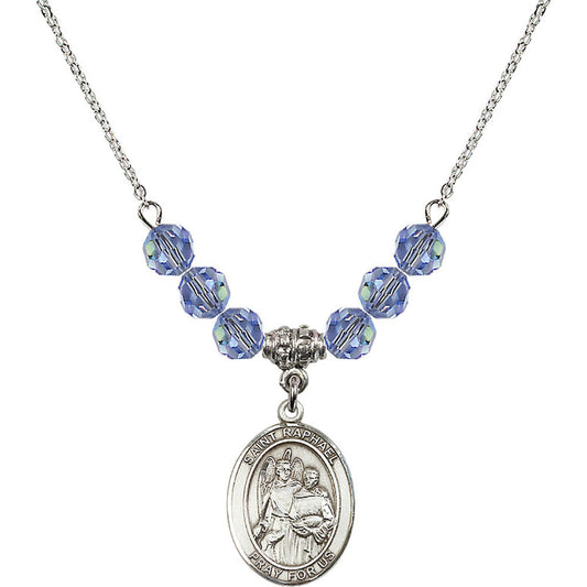 Sterling Silver Saint Raphael the Archangel Birthstone Necklace with Light Sapphire Beads - 8092