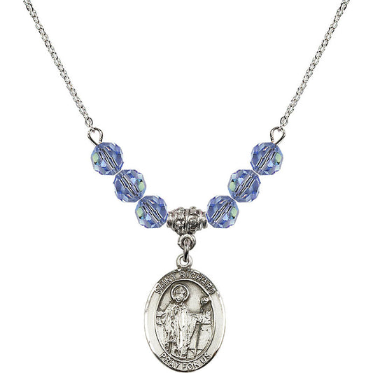 Sterling Silver Saint Richard Birthstone Necklace with Light Sapphire Beads - 8093