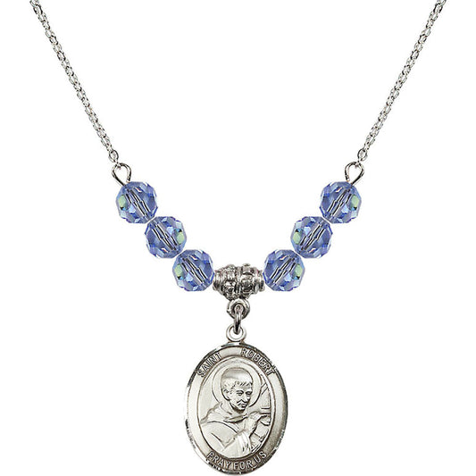 Sterling Silver Saint Robert Bellarmine Birthstone Necklace with Light Sapphire Beads - 8096