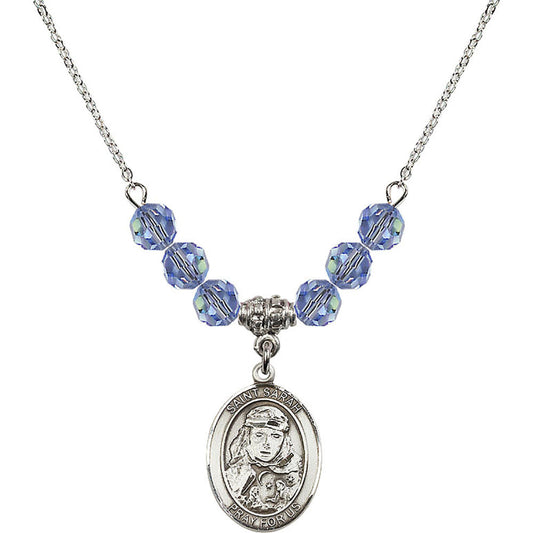 Sterling Silver Saint Sarah Birthstone Necklace with Light Sapphire Beads - 8097