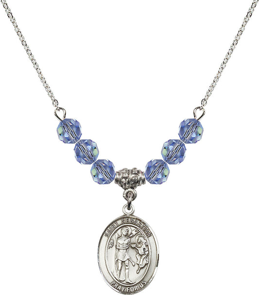 Sterling Silver Saint Sebastian Birthstone Necklace with Light Sapphire Beads - 8100