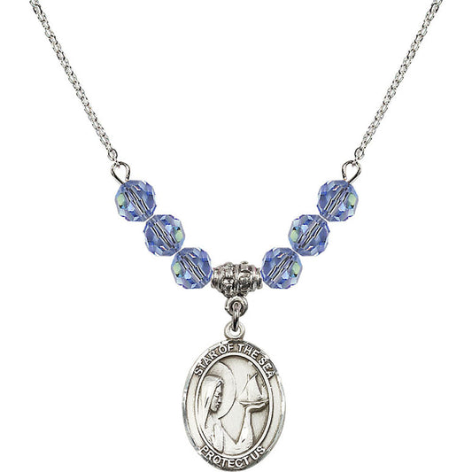 Sterling Silver Our Lady Star of the Sea Birthstone Necklace with Light Sapphire Beads - 8101