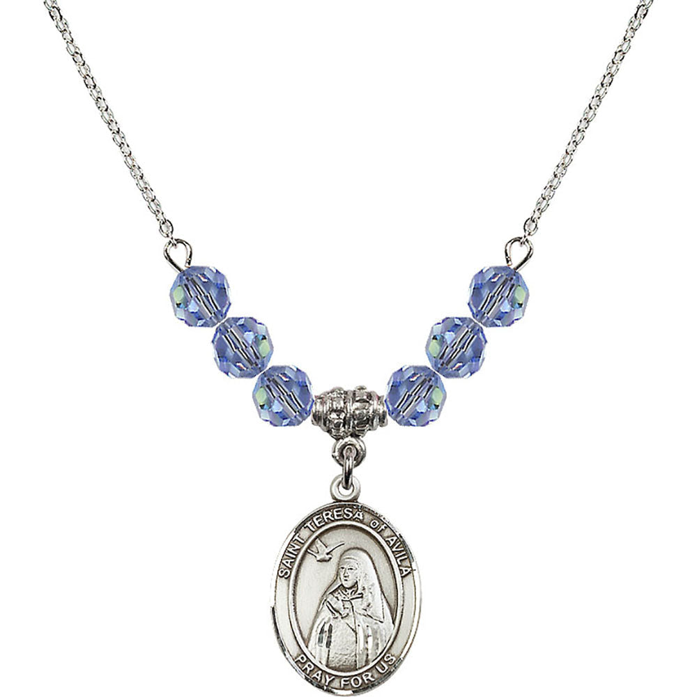 Sterling Silver Saint Teresa of Avila Birthstone Necklace with Light Sapphire Beads - 8102