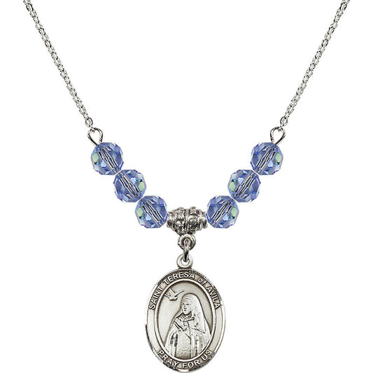 Sterling Silver Saint Teresa of Avila Birthstone Necklace with Light Sapphire Beads - 8102