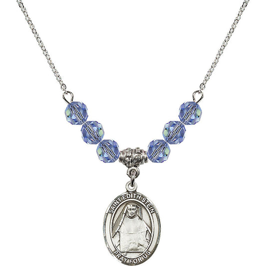 Sterling Silver Saint Edith Stein Birthstone Necklace with Light Sapphire Beads - 8103