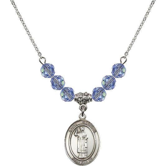 Sterling Silver Saint Stephen the Martyr Birthstone Necklace with Light Sapphire Beads - 8104