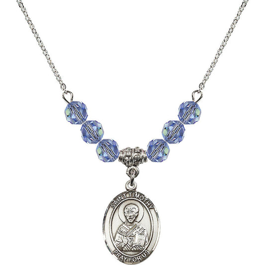 Sterling Silver Saint Timothy Birthstone Necklace with Light Sapphire Beads - 8105