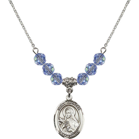 Sterling Silver Saint Theresa Birthstone Necklace with Light Sapphire Beads - 8106