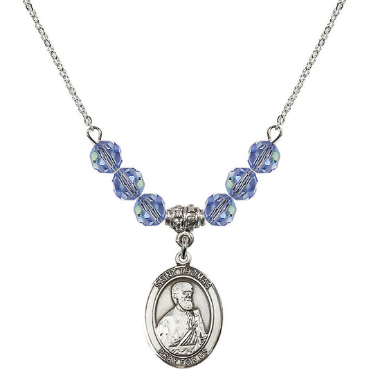 Sterling Silver Saint Thomas the Apostle Birthstone Necklace with Light Sapphire Beads - 8107