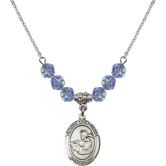 Sterling Silver Saint Thomas Aquinas Birthstone Necklace with Light Sapphire Beads - 8108