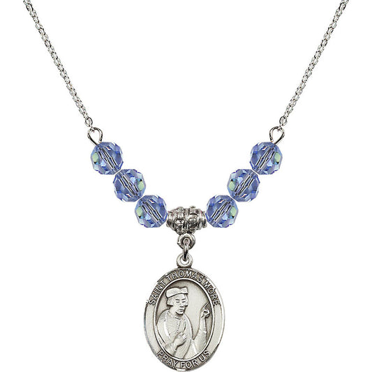 Sterling Silver Saint Thomas More Birthstone Necklace with Light Sapphire Beads - 8109