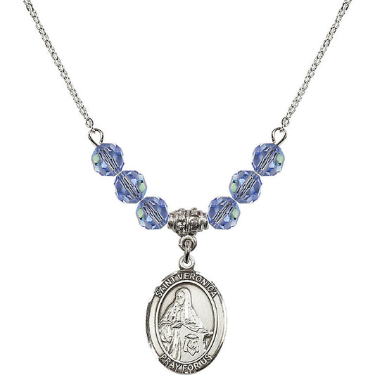 Sterling Silver Saint Veronica Birthstone Necklace with Light Sapphire Beads - 8110
