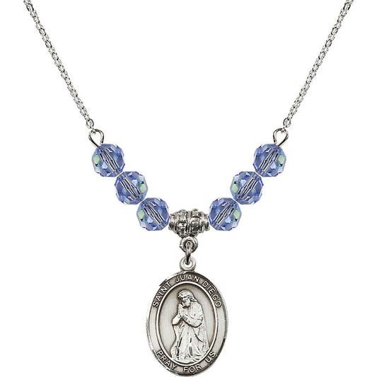 Sterling Silver Saint Juan Diego Birthstone Necklace with Light Sapphire Beads - 8111
