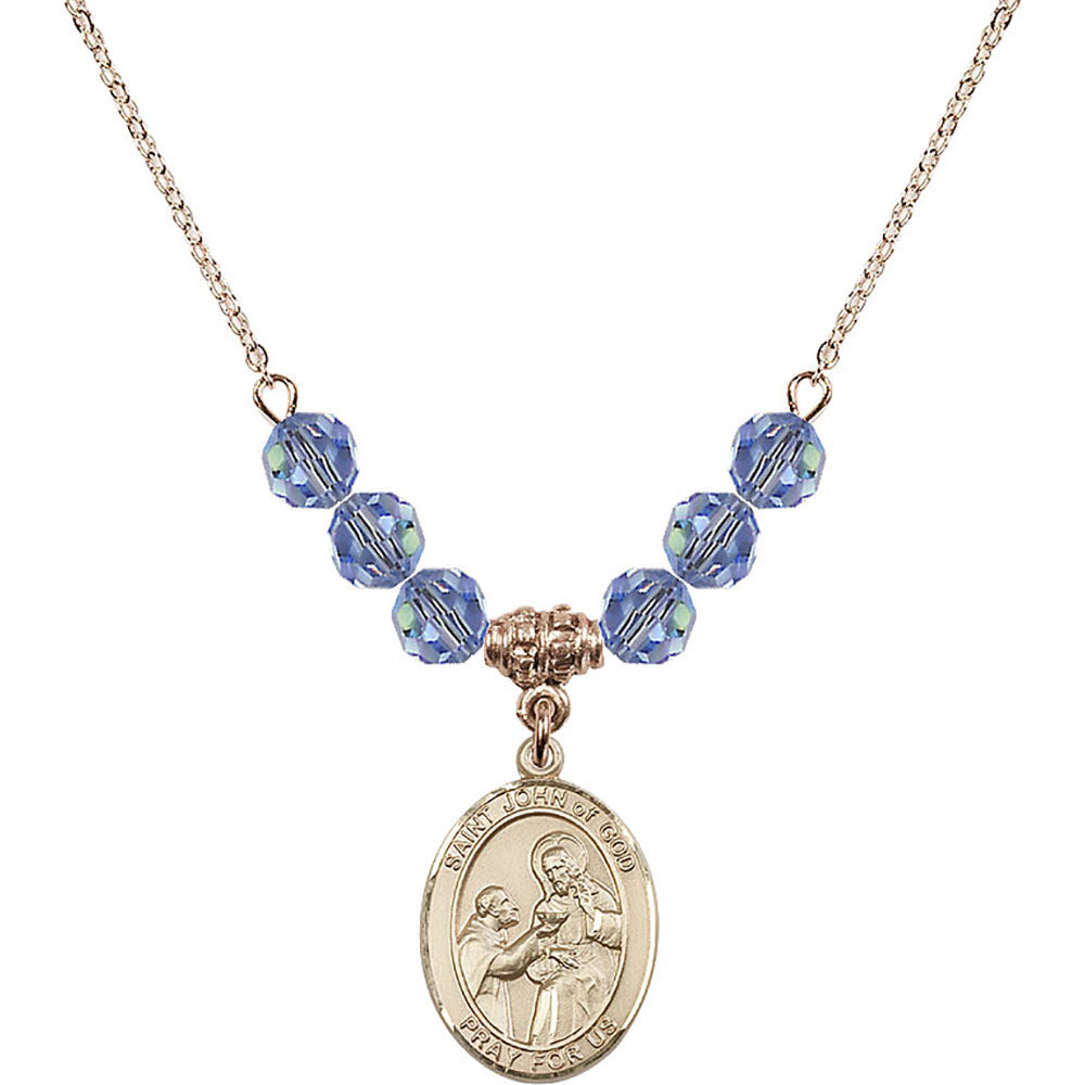 14kt Gold Filled Saint John of God Birthstone Necklace with Light Sapphire Beads - 8112