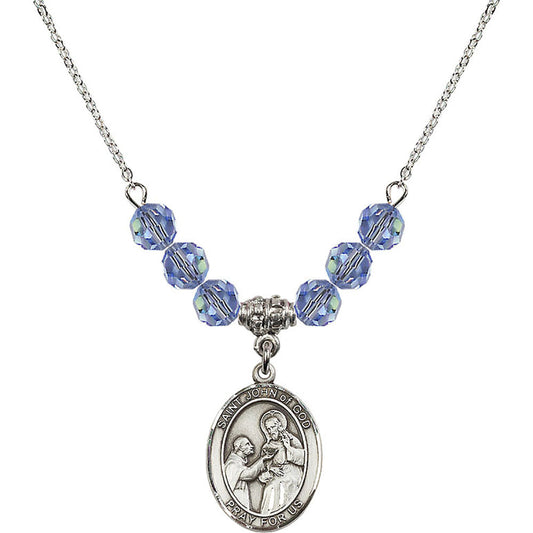 Sterling Silver Saint John of God Birthstone Necklace with Light Sapphire Beads - 8112