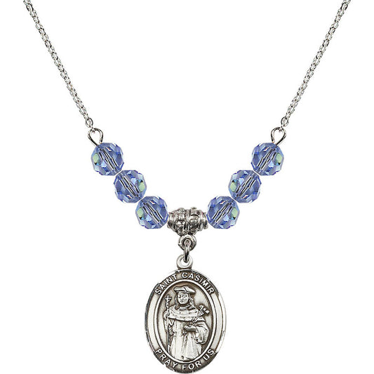 Sterling Silver Saint Casimir of Poland Birthstone Necklace with Light Sapphire Beads - 8113
