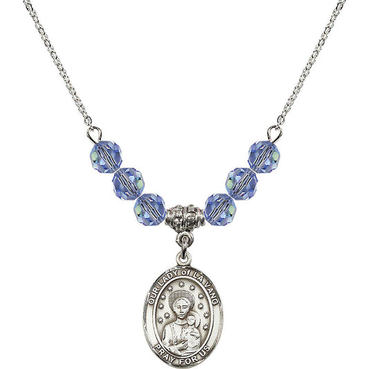Sterling Silver Our Lady of la Vang Birthstone Necklace with Light Sapphire Beads - 8115