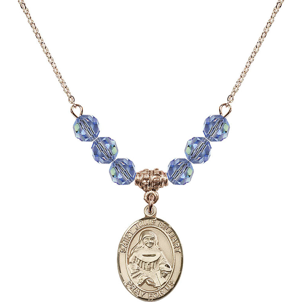 14kt Gold Filled Saint Julie Billiart Birthstone Necklace with Light Sapphire Beads - 8117