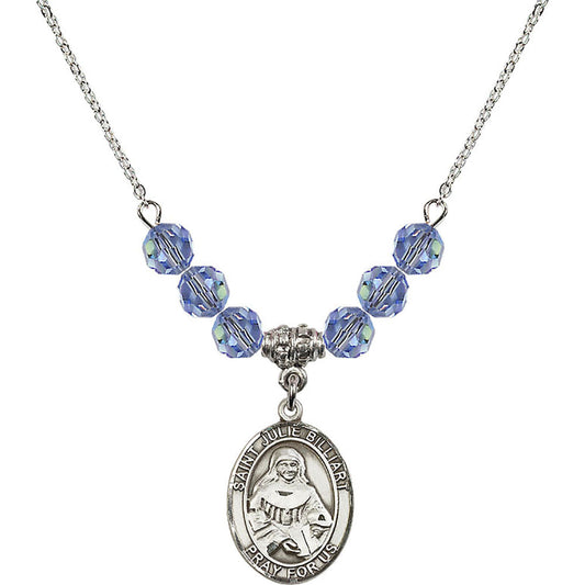 Sterling Silver Saint Julie Billiart Birthstone Necklace with Light Sapphire Beads - 8117