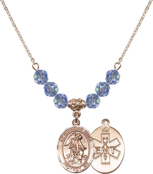14kt Gold Filled Guardian Angel / EMT Birthstone Necklace with Light Sapphire Beads - 8118