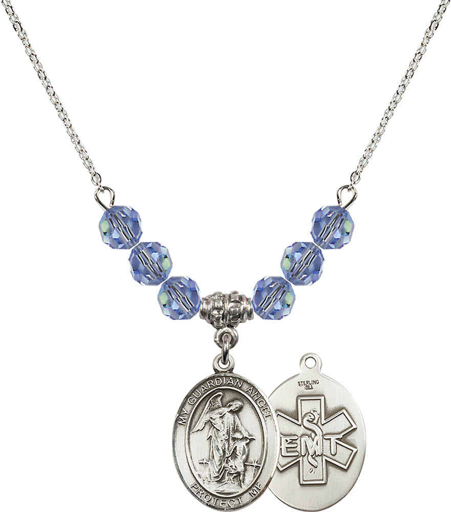 Sterling Silver Guardian Angel / EMT Birthstone Necklace with Light Sapphire Beads - 8118