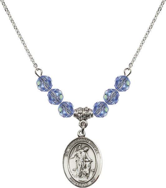 Sterling Silver Guardian Angel w/Child Birthstone Necklace with Light Sapphire Beads - 8118