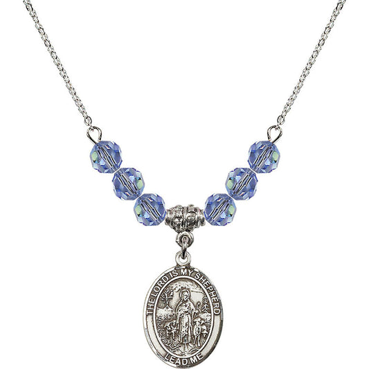 Sterling Silver Lord Is My Shepherd Birthstone Necklace with Light Sapphire Beads - 8119