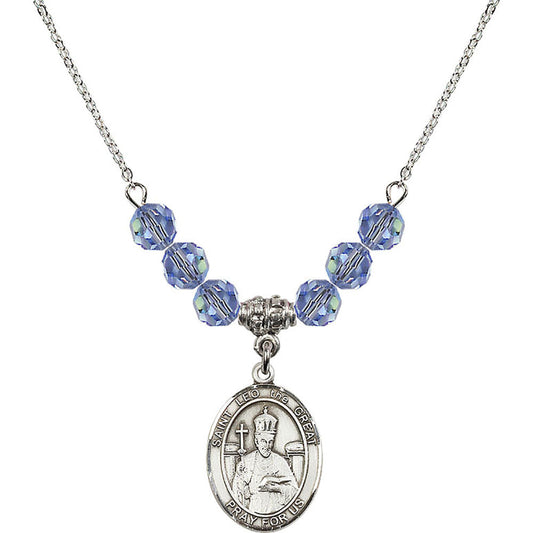 Sterling Silver Saint Leo the Great Birthstone Necklace with Light Sapphire Beads - 8120
