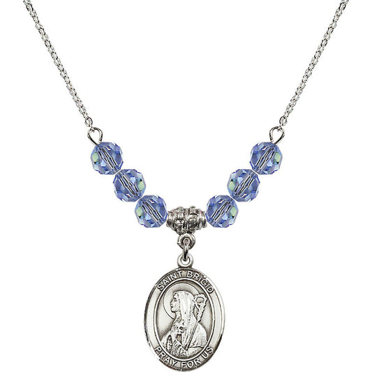 Sterling Silver Saint Brigid of Ireland Birthstone Necklace with Light Sapphire Beads - 8123