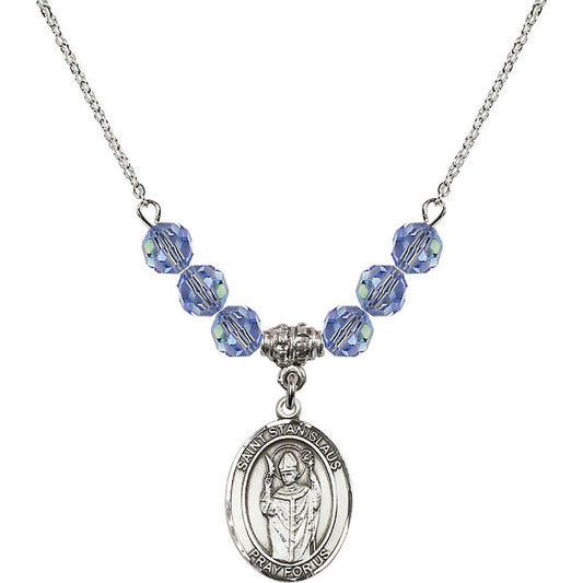 Sterling Silver Saint Stanislaus Birthstone Necklace with Light Sapphire Beads - 8124