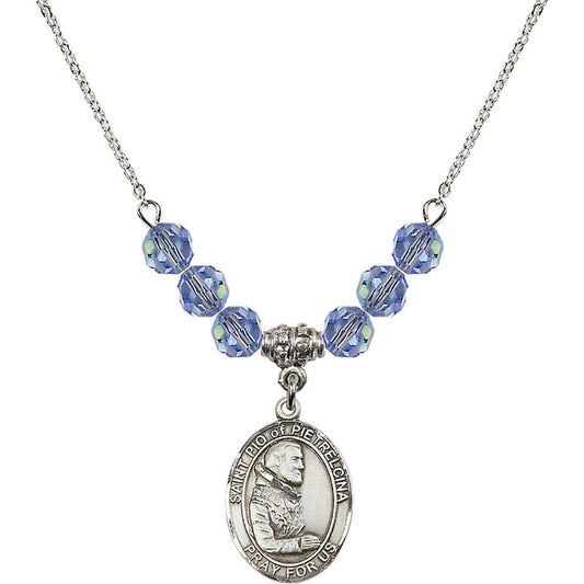 Sterling Silver Saint Pio of Pietrelcina Birthstone Necklace with Light Sapphire Beads - 8125